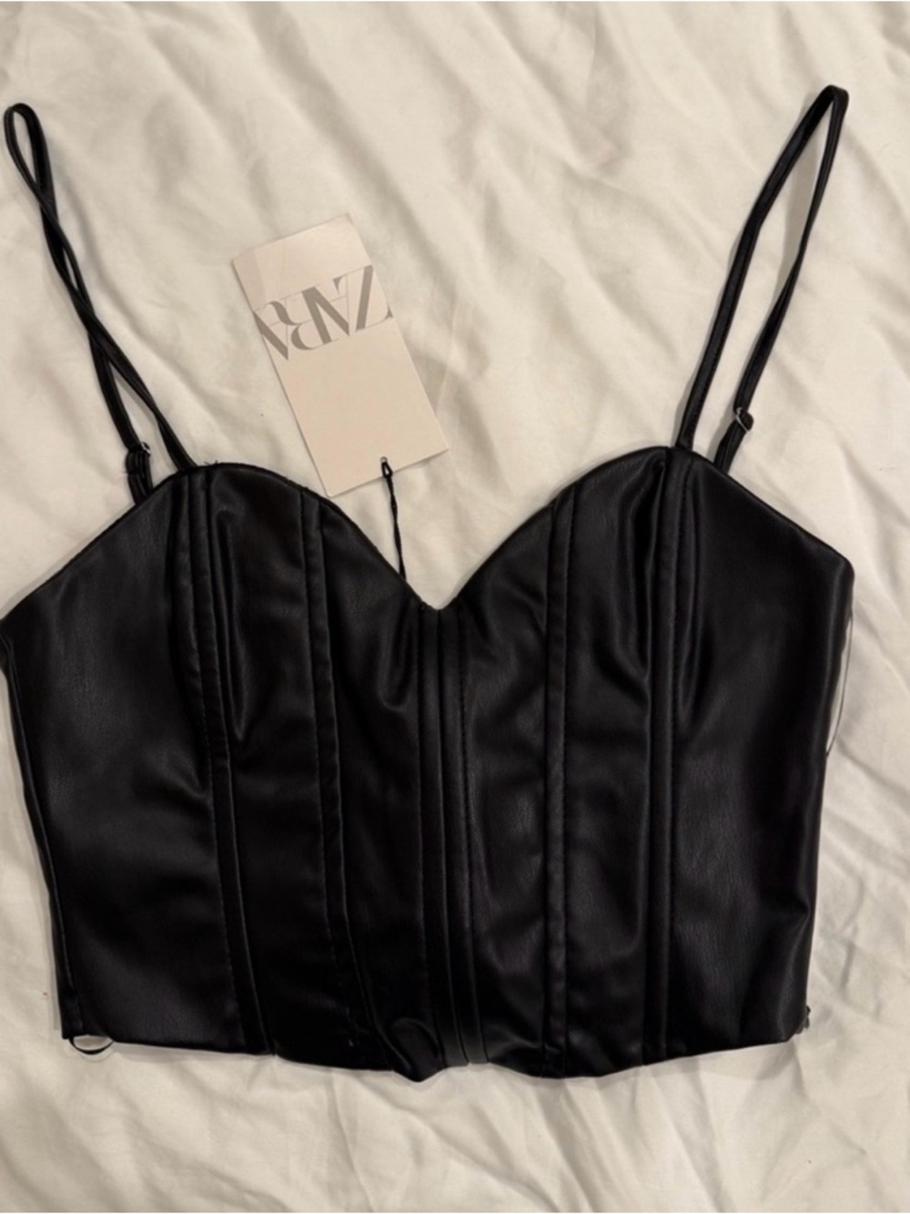Zara Black Faux Leather Corset Top with Thin Straps